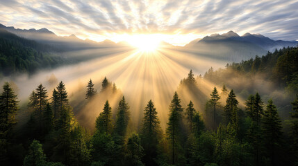 Misty sunrise over forest treetops with warm glowing beams illuminating landscape