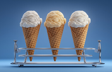 Three ice cream cones with vanilla and caramel flavors on a metal stand against blue background
