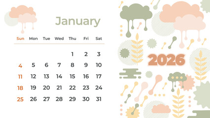 Cute hand-drawn Doodle January 2026 calendar