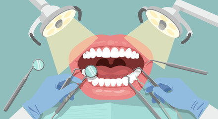 Dental checkup scene with open mouth and dentist tools in clinic