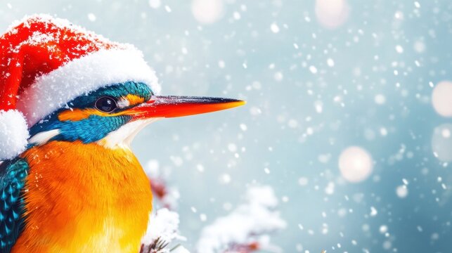 Colorful bird wearing a hat celebrating winter in a snowy landscape