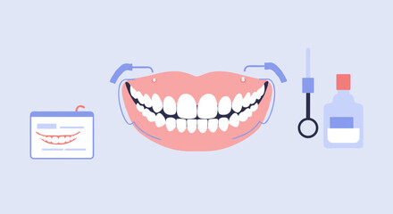 Dental care elements with cartoon tooth brushing tools and smiling mouth in flat style