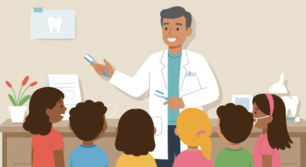 Dentist teaching kids about oral hygiene in a classroom setting