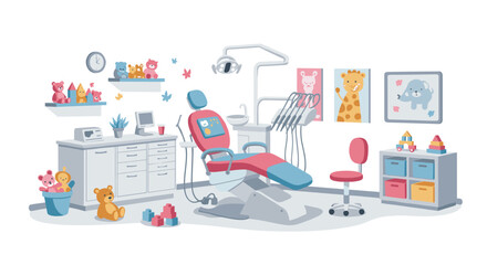 Colorful pediatric dental clinic interior with toys and child-friendly decor