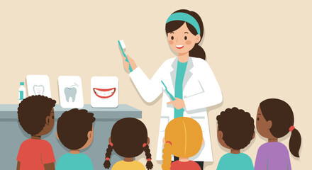 Dentist teaching children's oral health in flat style classroom setting