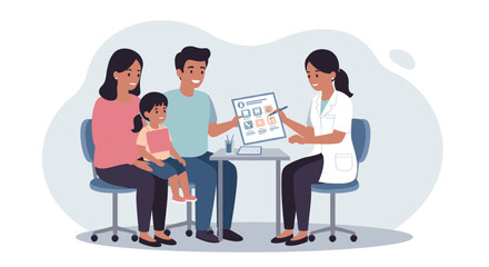 Family consultation with pediatrician in medical office setting