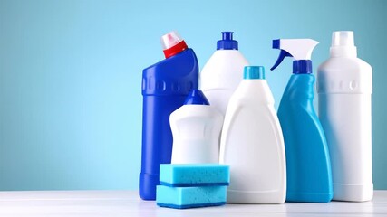 Cleaning supplies on a blue background. - Powered by Adobe