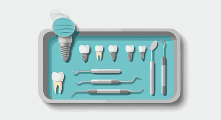 Dental tools and implants on tray with realistic style for dental care concepts