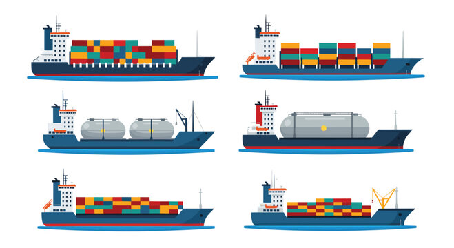 Collection of cartoon cargo ships carrying containers and tankers on the water.