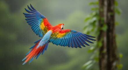 Fototapeta premium Scarlet Macaw in Flight: Vibrant Plumage Against Lush Greenery, Raindrops in the Air
