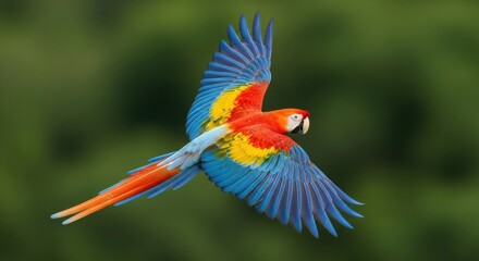 Scarlet Macaw in Flight: Vivid Plumage Against Lush Green Backdrop