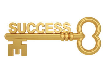 A golden key with the word success on it against a black background in a studio shot image on transparent background
