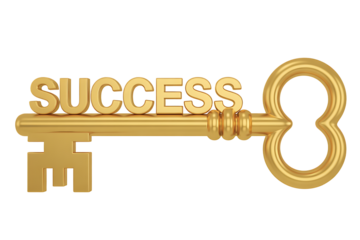 A golden key with the word success on it against a black background in a studio shot image on transparent background