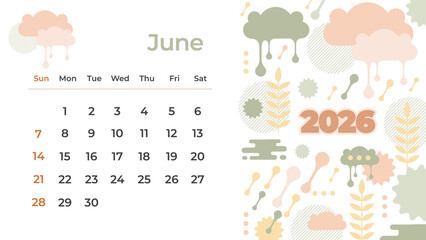 Cute hand-drawn Doodle June 2026 calendar