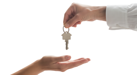 Real estate agent's hand giving house keys to a new homeowner. Isolated on transparent background, png
