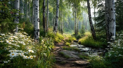 Fototapeta premium Sunlight streams through tall trees casting soft light on wildflowers and a winding path near a stream.
