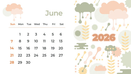 Cute hand-drawn Doodle June 2026 calendar
