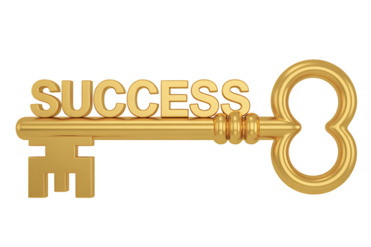 A golden key with the word success on it against a black background in a studio shot image on transparent background
