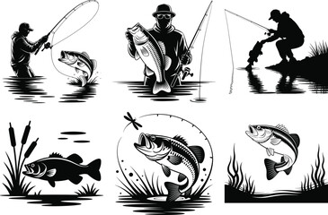 Fishing Bass Silhouette Clipart Bundle