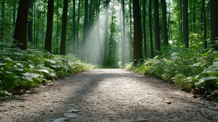Serene forest path illuminated by soft sunlight filtering through tall trees creates tranquil