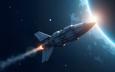 Vector illustration card with spaceship satellite in space with moon. Space history program, human exploration of near space. Picture with 3d model flying spaceship. Isolated. High quality