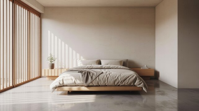 A minimalistic bedroom with a wooden bed, soft bedding, and natural light streaming through slatted windows, creating a serene atmosphere.