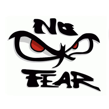 Intimidating 'No Fear' text overlay with fierce, angry eyes, symbolizing defiance and courage
