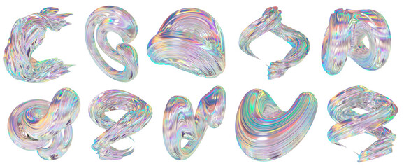 3D Metallic chrome swirl shapes set, iridescent abstract twist holographic form clipart. Futuristic design isolated illustration