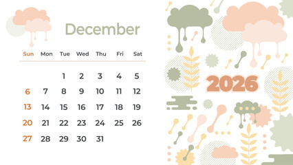 Cute hand-drawn Doodle December 2026 calendar