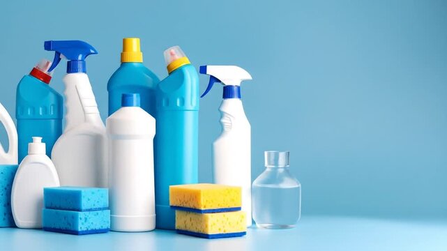 Cleaning supplies on blue background.