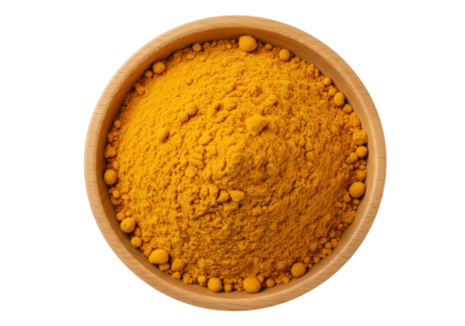 Light brown polished wooden bowl filled with vibrant yellow finely ground turmeric powder, mounded, on a seamless transparent background with copy space, natural health concept