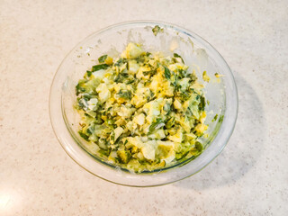 Egg Avocado Salad in Glass Bowl