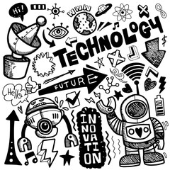 Fototapeta premium Dynamic hand-drawn doodle art collection representing modern technology, future concepts, digital innovation, and creative scientific elements in a whimsical black and white style