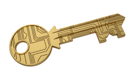 Golden key with circuit board pattern, isolated on transparent background