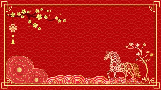2026 Chinese New Year loop animation. Chinese new year horse pattern for festive celebrations. Suitable for holiday backgrounds, designs, banners, cards, and decorations with a horse theme.