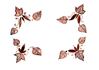 Hand drawn floral frame design with abstract leaves and swirl elements in brown ink. Doodle. White copy space. Perfect for invitations, greeting cards, seasonal themes, or natural branding, packaging.