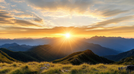 Fototapeta premium Majestic mountain range under golden sky at sunset, creating cinematic sense of scale and beauty