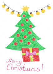 Colorful crayon drawing of a Christmas tree decorated with red ornaments and a yellow star, garland, with gift box below and Merry Christmas! written underneath. Childs drawing with colored pencil.