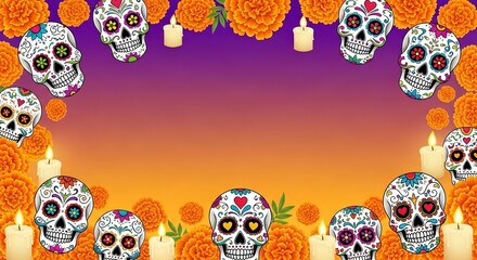 Día de los Muertos gradient banner from deep violet to golden orange, colorful sugar skulls surrounded by glowing marigolds