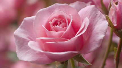 Delicate pink rose shows off its petals surrounded by green foliage on a serene spring day.