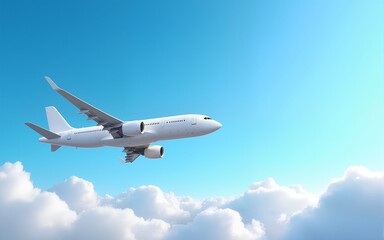 Obraz premium photo of a white airplane flying in the blue sky with clouds, banner for a web design or travel company, wide format, copy space concept, high resolution. High quality