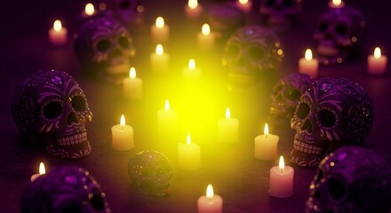 Día de los Muertos gradient from dark plum to bright yellow, sugar skulls with gems and glitter