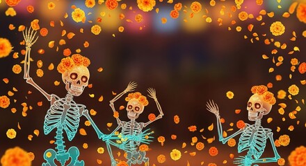 Día de los Muertos glowing gradient from turquoise to orange-gold, dancing skeleton figures surrounded by petals, joyful festive spirit