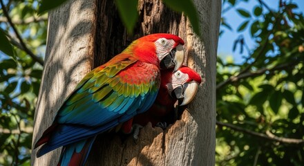 Obraz premium Scarlet Macaw Pair Nestled in Tree Hollow, Vibrant Plumage, Natural Habitat