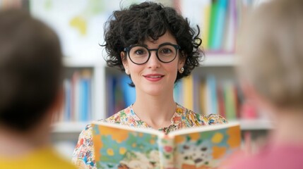 Engaging storytime session with a teacher at a colorful library