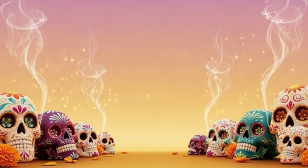 Día de los Muertos soft gradient from pastel rose to golden amber, decorated skulls and incense smoke drifting