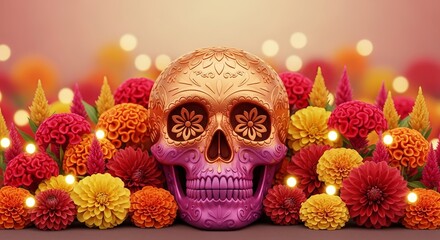 Día de los Muertos vibrant gradient from copper orange to bright magenta, detailed skull art surrounded by flowers