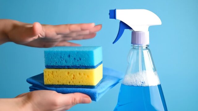 Cleaning tools with spray on blue background.