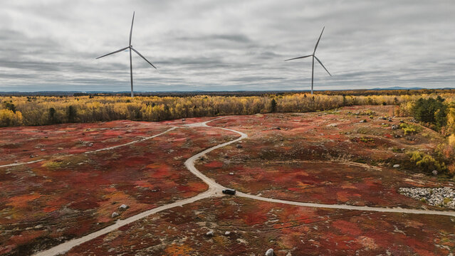 Dirt road winding through field with wind turbines behind, Maine