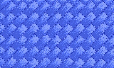 A pixel art, seamless pattern of overlapping diagonal rectangles in varying shades of royal, white and indigo blue, ideal for digital art, textiles, website design, background, wallpaper, game asset.